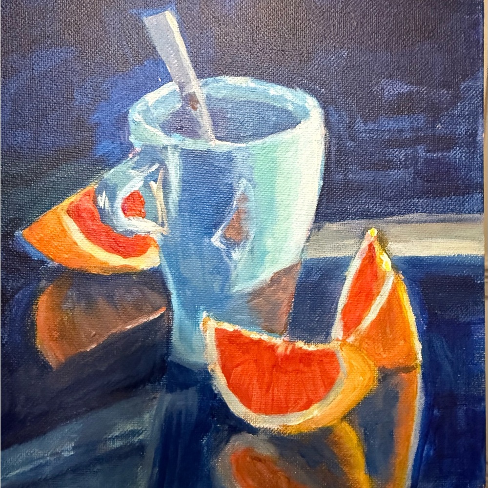 Original Vibrant Blue and Orange Acrylic Painting on the Canvas Panel 8x8 inches